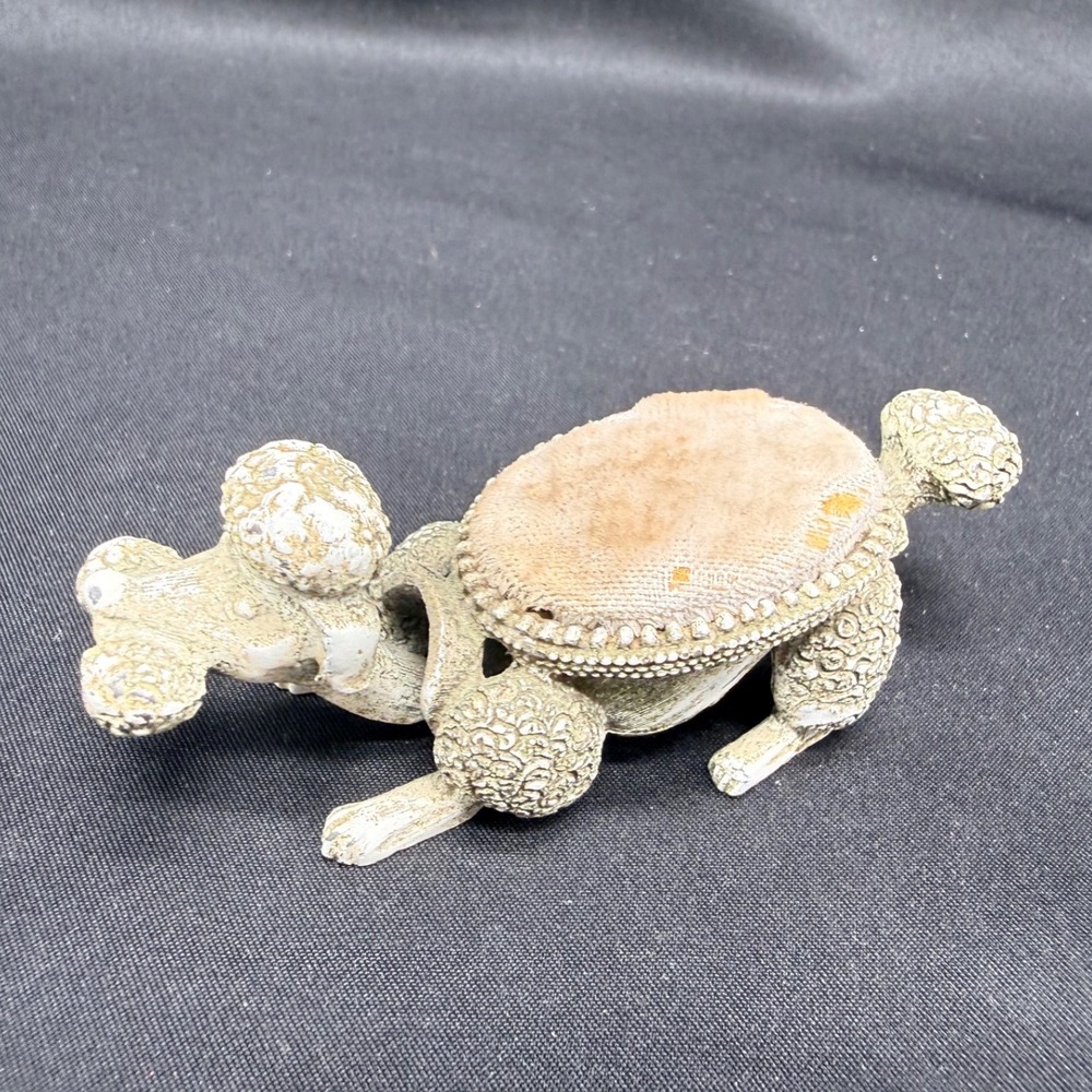 Vintage Florenza Poodle Pin Cushion Figurine Antiqued Gold Tone Sewing Accessory